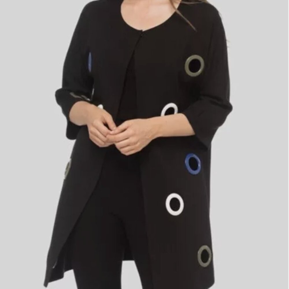 Joseph Ribkoff Size 10 Black Peep Hole Long Jacket Cardigan